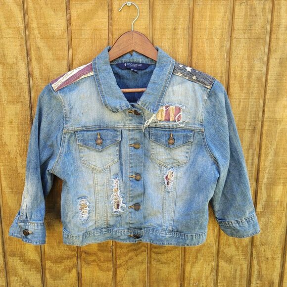 RocaWear Distressed Cropped Patched Initial Spellout Jacket Womens Size XL - Picture 1 of 12